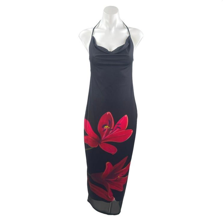 Women's Black Floral Cowl Neck Sleeveless Maxi Cami Tank Bodycon Sheath Dress S
