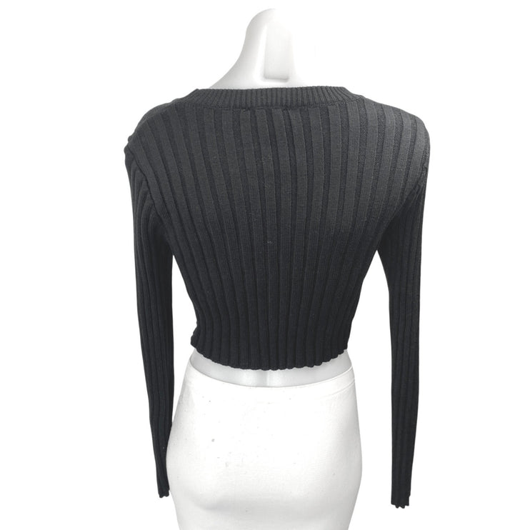 Vici Womens Black Ribbed Knit Long Sleeve Pointed Hem Cropped Sweater Top Size M