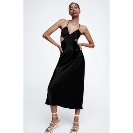 NEW Zara Black Silk Satin Sleeveless Cutout V Neck Strappy Midi Slip Dress Sz XS