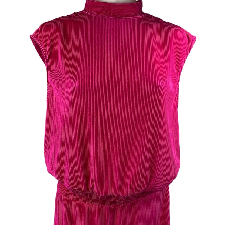 Ro & De Pink Pleated Satin Sleeveless Mock Neck Top & Wide Leg Pants 2pc Set M