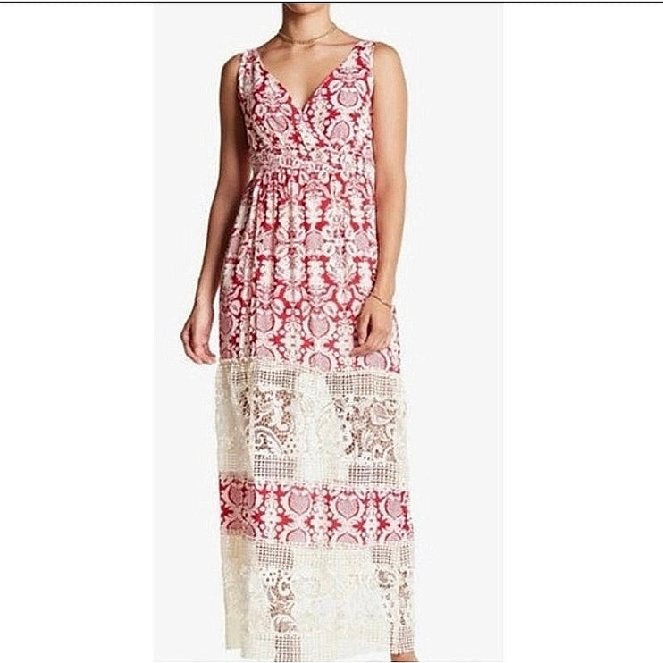 Anthropologie Sunday in Brooklyn Red White Damask Crochet Lace Maxi Dress Sz XS