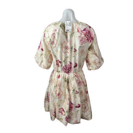 NEW H&M Cream Pink Floral Half Puff Sleeve Tie Fit & Flare Mini Dress Size S
