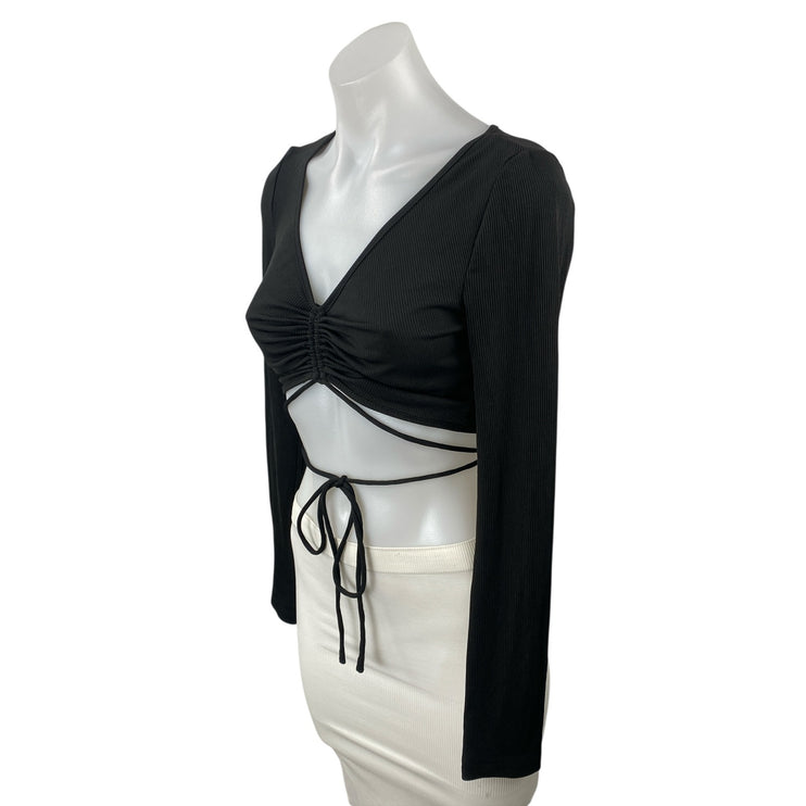Princess Polly Women's Black Ruched V Neck Long Sleeve Tie Waist Crop Top Size 6
