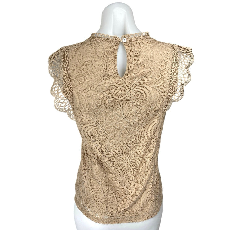 Cable & Gauge Brown Tan Floral Lace Mock Neck Sleeveless Blouse Tank Top Size XS