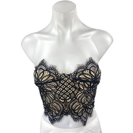 Superdown Black Cream Lace Floral Sleeveless Strapless Blouse Crop Top Size XXS