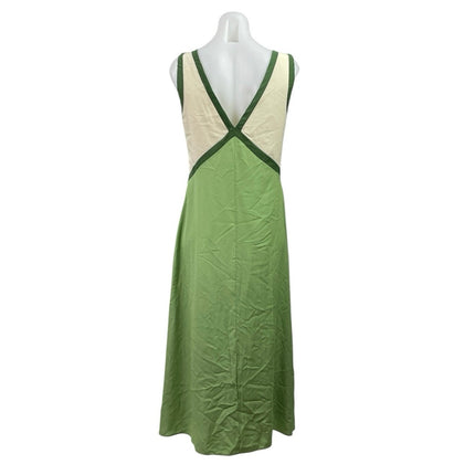 Rotimia Green Cream Sleeveless V Neck Colorblock Pleated A Line Maxi Dress S
