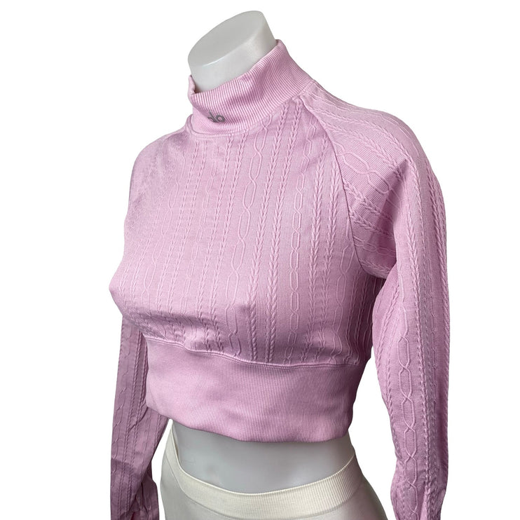 Alo Yoga Seamless Pink Cable Knit Mock Neck Long Sleeve Athletic Crop Top Sz S