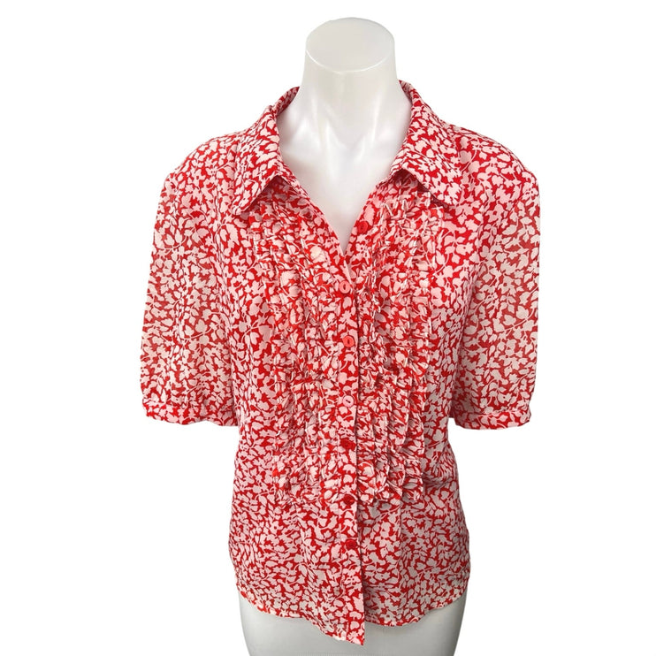 Vintage Linea by Louis Dell'Olio Red White Floral Button Up Blouse Top Size L