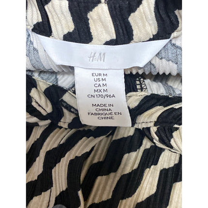 H&M Black Beige Zig Zag Stripe Plisse Long Sleeve Button Down Shirt Top Size M
