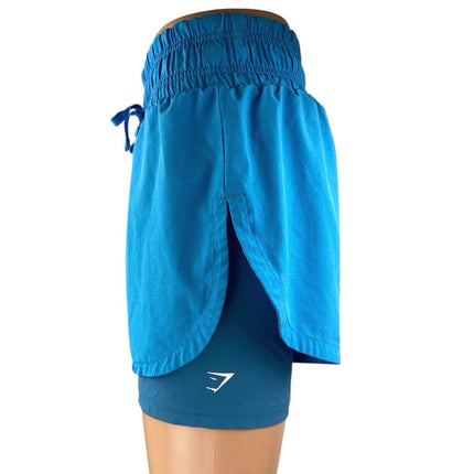 Gymshark Running 2 in 1 Blue Drawstring High Waist Athletic Fitness Shorts Sz S