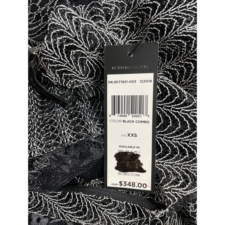 NEW BCBGMAXAZRIA Black Metallic Lace Long Bell Sleeve Maxi Shift Dress Size XXS
