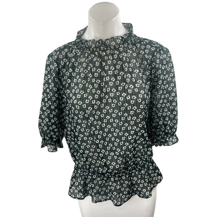 1.State Women's Black Floral Ruffle Neck Short Puff Sleeve Peplum Blouse Top S