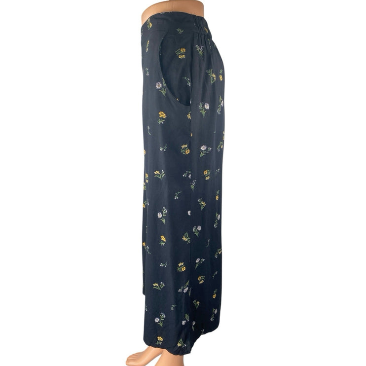 Hollister Women's Black Floral High Waisted Pull On Wide Leg Cropped Pants Sz S