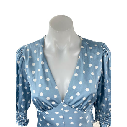 NEW B Darlin Blue Polka Dots Silk Satin Half Puff Sleeve Maxi Dress Size 7/8