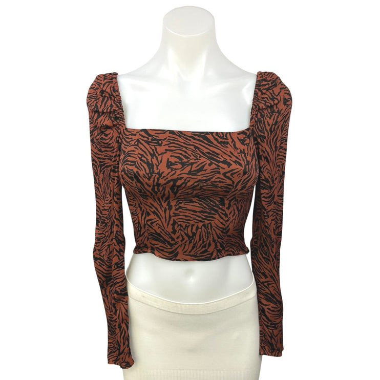 & Other Stories Brown Black Animal Zebra Print Square Long Sleeve Crop Top Sz 0