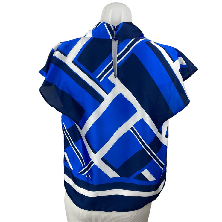 Zara Women's Blue Abstract Geometric Short Sleeve Cowl Neck Blouse Top Size S