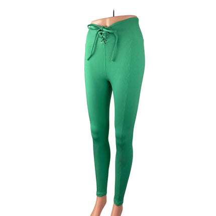 Year of Ours Women's Green Ribbed Knit Lace Up Athletic Leggings Pants Size S