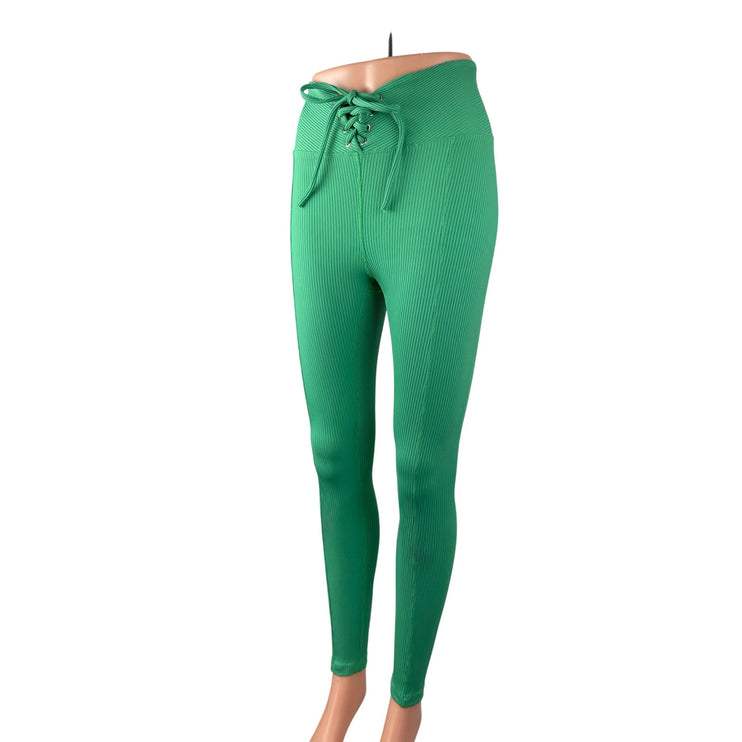 Year of Ours Women's Green Ribbed Knit Lace Up Athletic Leggings Pants Size S