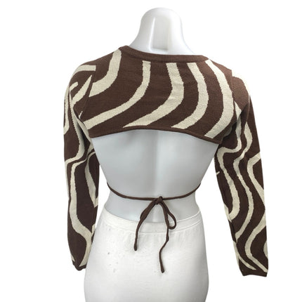 12th Tribe Brown Cream Striped Long Sleeve Cutout Tie Knit Crop Top Size XS