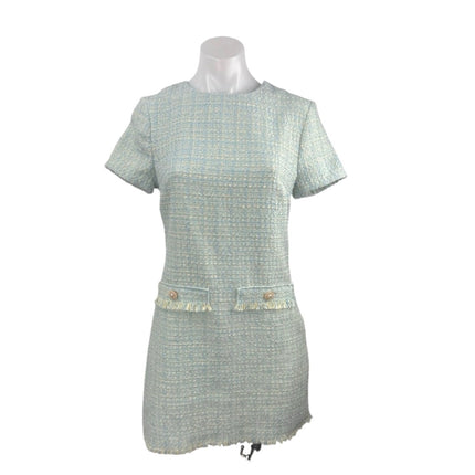 Bebop Blue Short Sleeve Tweed Crew Neck Fringe Faux Pocket A Line Mini Dress S