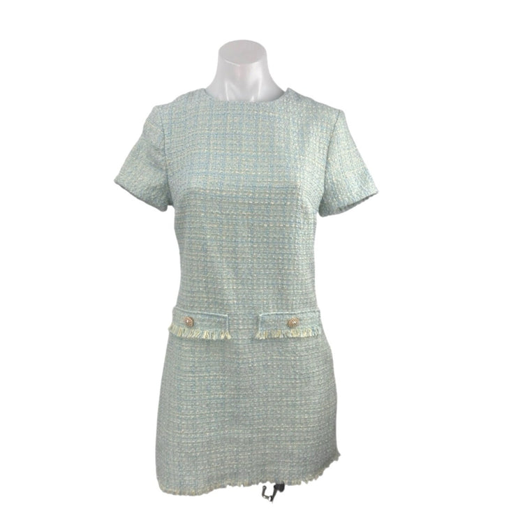 Bebop Blue Short Sleeve Tweed Crew Neck Fringe Faux Pocket A Line Mini Dress S