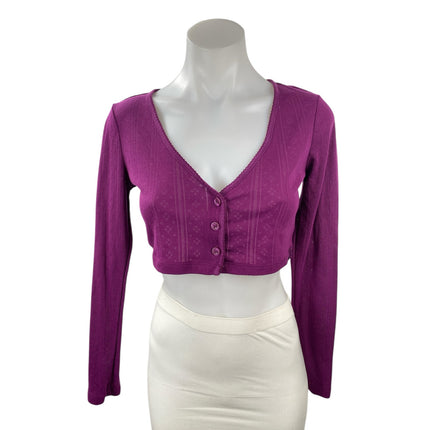 Savage Women's Purple Eyelet Knit Long Sleeve V Neck Button Up Crop Top Size S