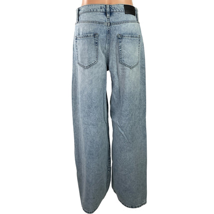 DKNY Women's Blue Light Wash Rhinestone High Rise Wide Leg Baggy Denim Jeans 28