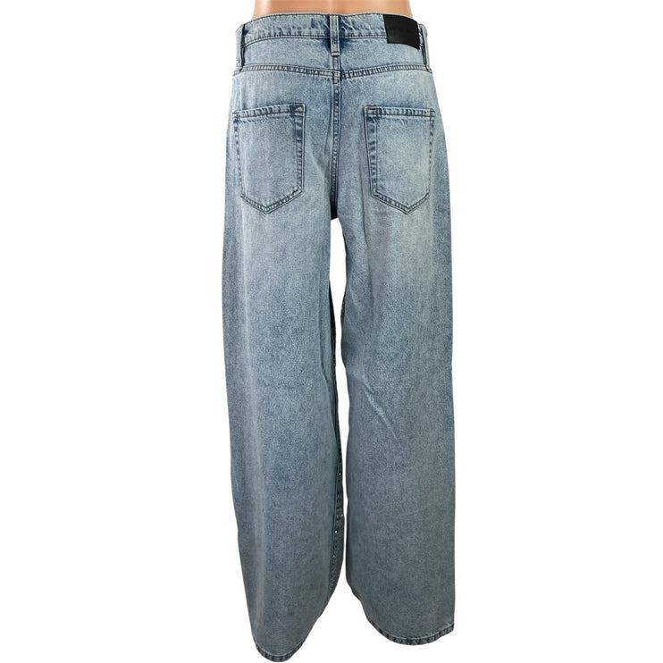 DKNY Women's Blue Light Wash Rhinestone High Rise Wide Leg Baggy Denim Jeans 28