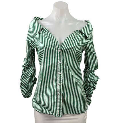 Zara Women's Green Striped Off The Shoulder Ruched Button Down Shirt Top Size S