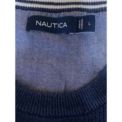 Nautica Men's Navy Blue Striped Logo Crew Neck Long Sleeve Knit Sweater Top L