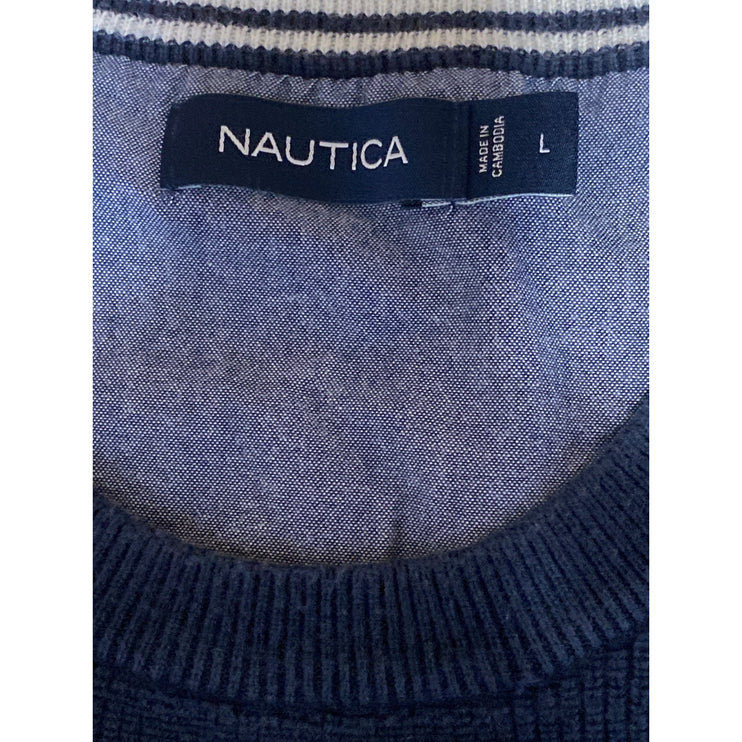 Nautica Men's Navy Blue Striped Logo Crew Neck Long Sleeve Knit Sweater Top L