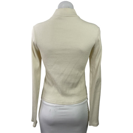 Frank And Oak Cream Ribbed Knit Long Sleeve Henley High Neck Snap Sweater Top S