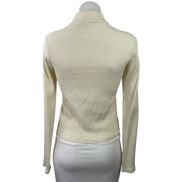 Frank And Oak Cream Ribbed Knit Long Sleeve Henley High Neck Snap Sweater Top S