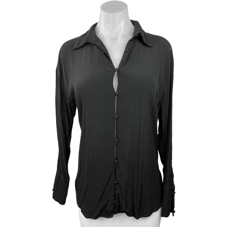 Olivaceous Women's 100% Rayon Black Long Sleeve Button Up Collared Shirt Top L