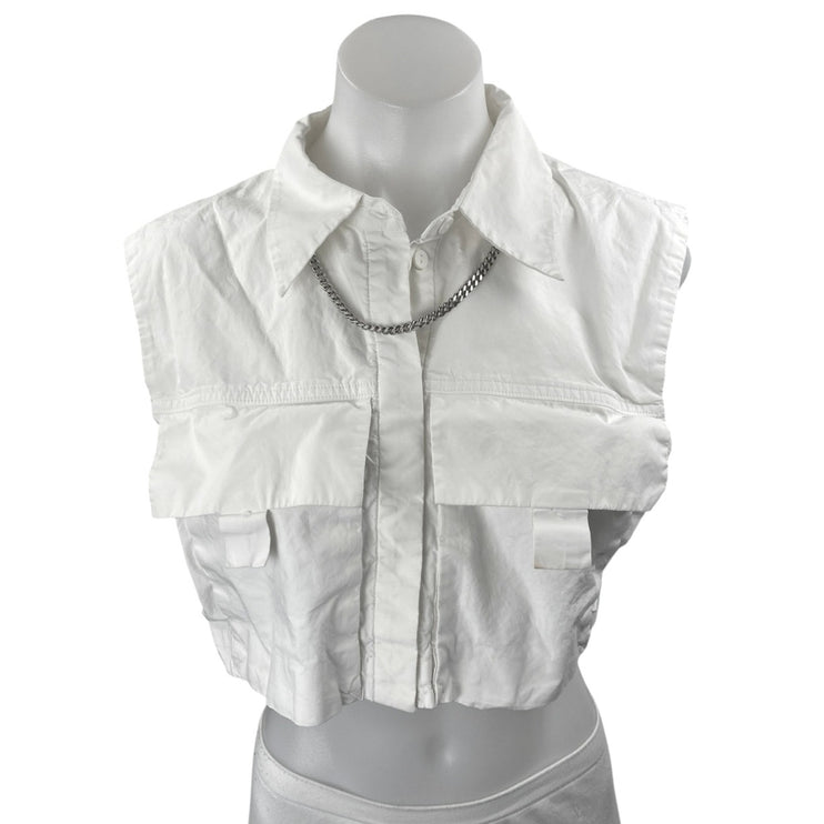 Urban Revivo White Sleeveless Chain Necklace Button Down Crop Shirt Tank Top 6