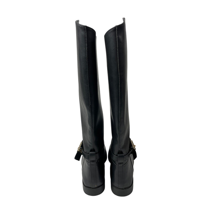 H&M Women's Black Strap Round Toe Low Block Heels Knee High Riding Boots 38 US 7