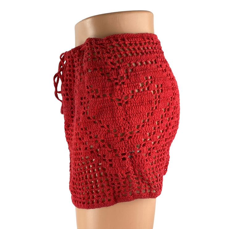 Memorial Day Red Open Crochet Knit Heart Tie Beach Cover Up Mini Skirt Size 2