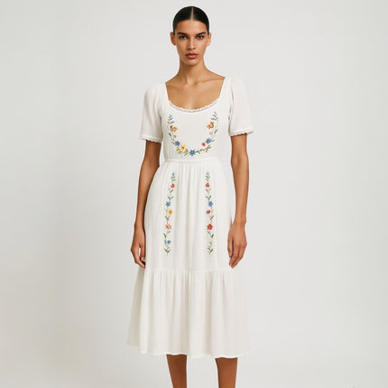 Just Me White Floral Lace Embroidered Puff Sleeve Tiered Midi A-Line Dress Sz S