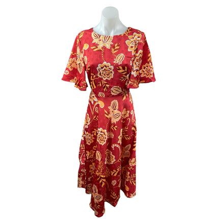 Flying Tomato Red Floral Half Flutter Sleeve Open Back Fit & Flare Midi Dress S