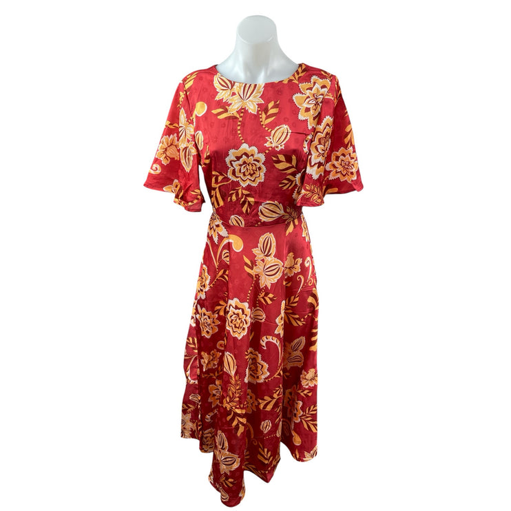 Flying Tomato Red Floral Half Flutter Sleeve Open Back Fit & Flare Midi Dress S