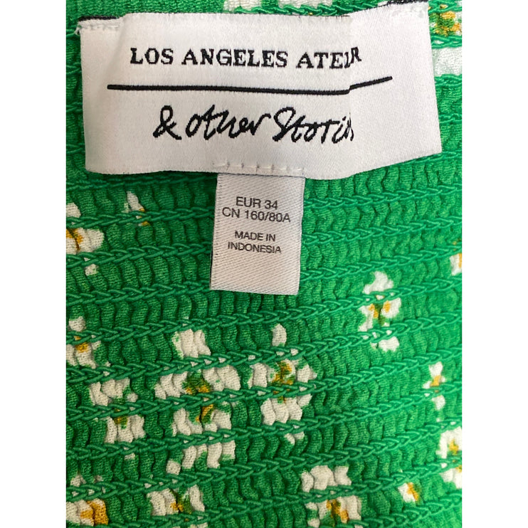 & Other Stories Green Floral Puff Sleeve Square Neck Midi Maxi A-Line Dress US 4