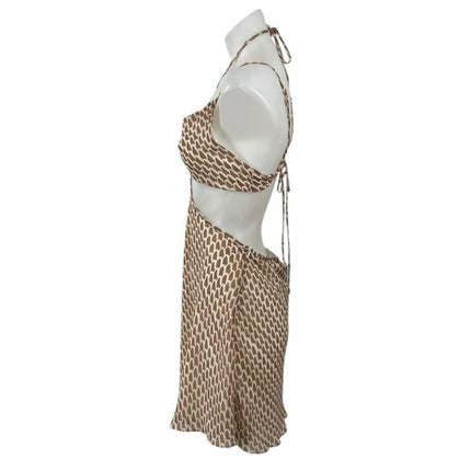 Hallelu Brown Geometric Halter Sleeveless Cutout Tie A Line Mini Dress Size M