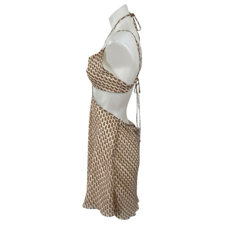 Hallelu Brown Geometric Halter Sleeveless Cutout Tie A Line Mini Dress Size M