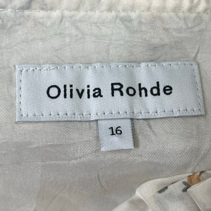 Olivia Rohde Beige Satin Floral Ruffle Long Sleeve Tiered Midi A-Line Dress 16