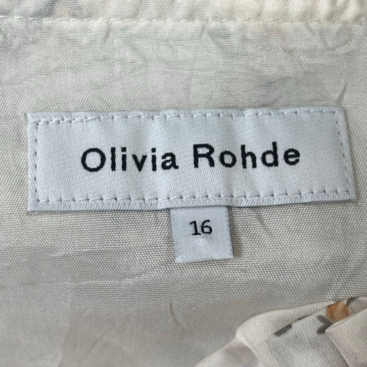 Olivia Rohde Beige Satin Floral Ruffle Long Sleeve Tiered Midi A-Line Dress 16