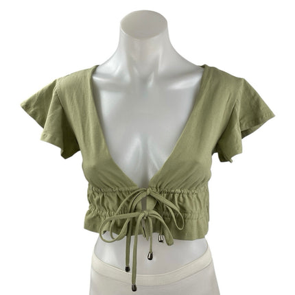 Princess Polly Green Short Sleeve Deep V Neck Tie Ruffle Blouse Crop Top Size 2