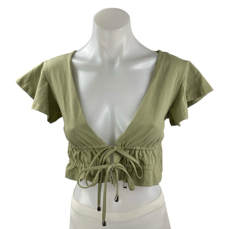 Princess Polly Green Short Sleeve Deep V Neck Tie Ruffle Blouse Crop Top Size 2