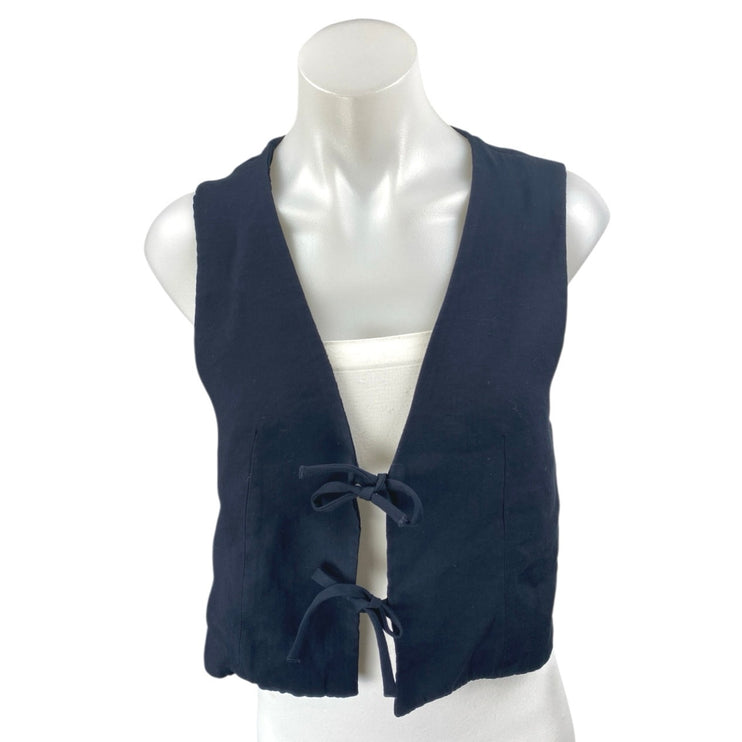 Zara Women's Navy Blue Tie Knit Sleeveless Cropped Cardigan Vest Top Size M