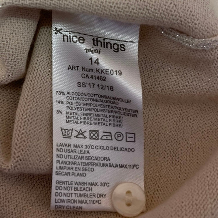 Nice Thing Mini Beige Metallic 3/4 Sleeve Button Crop Cardigan Sweater Top Sz 14