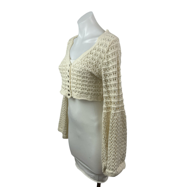 Commense Cream Beige Open Knit Crochet Long Sleeve Button Up Crop Top Size S